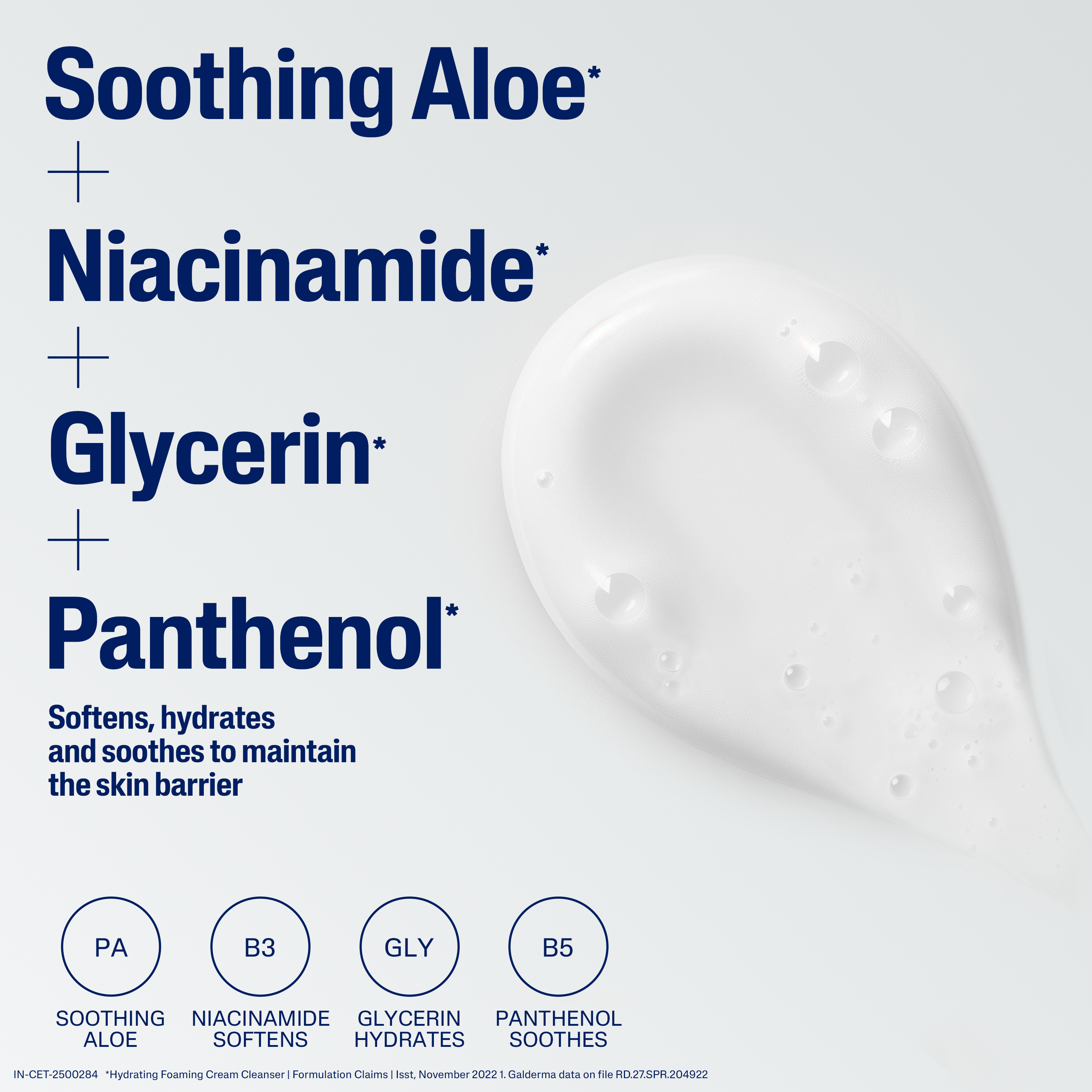 Cetaphil Hydrating Foaming Cream Cleanser 236 ml for Dry to Normal Sensitive Skin with Niacinamide, Aloevera and Glycerin 
                    Ingredients